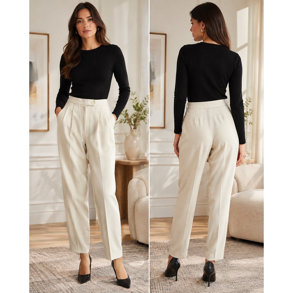 Vintage Cream Wool Pleated Trousers High Waist Tapered 10 Old Money Quiet Luxury